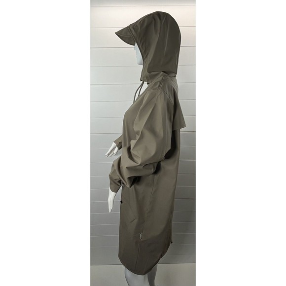 RAINS Brand Unisex Sz Large Classic Taupe Long Waterproof Rain Jacket Snap Front - Picture 8 of 15
